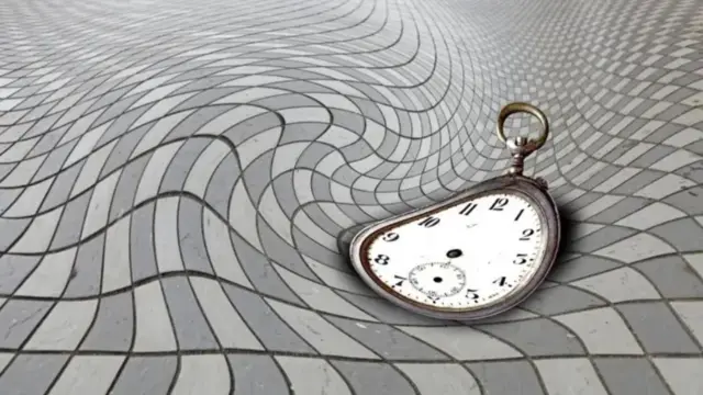 Ilustração mostra relógio distorcido sobre fundo quadriculado distorcido