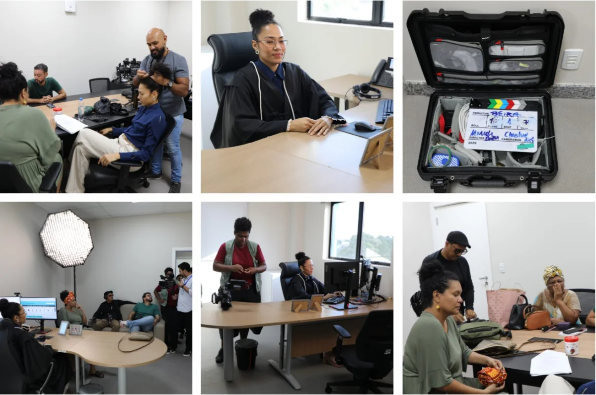 A colagem de fotos mostra vários momentos da gravação do filme.