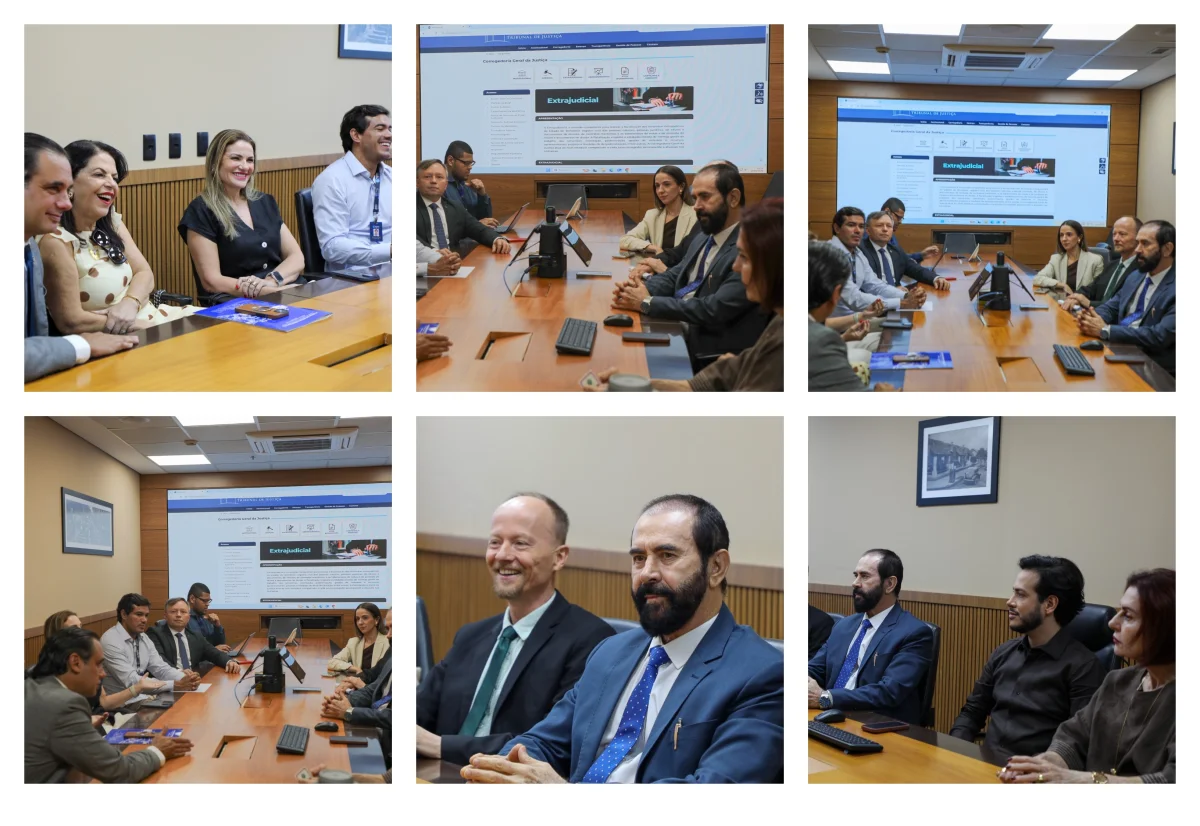 A colagem de seis fotos coloridas mostra reunião com notários e registradores